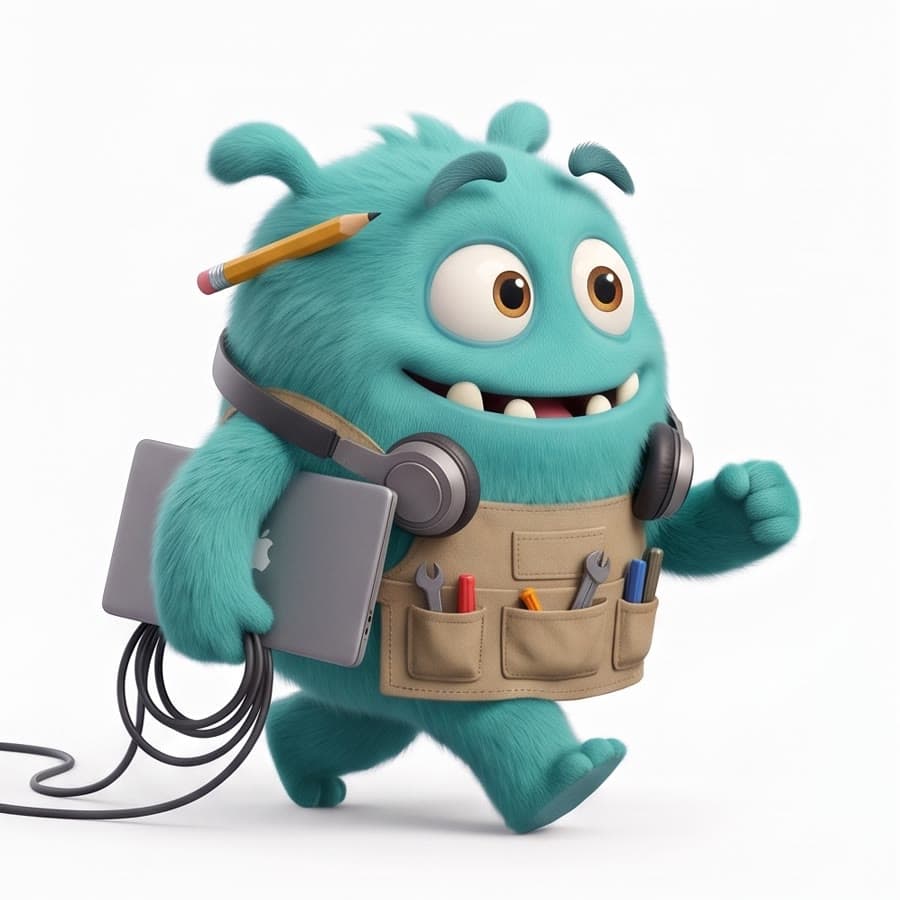 Dev, la criatura turquesa, caminando con una laptop bajo el brazo y los cables arrastrando detrás