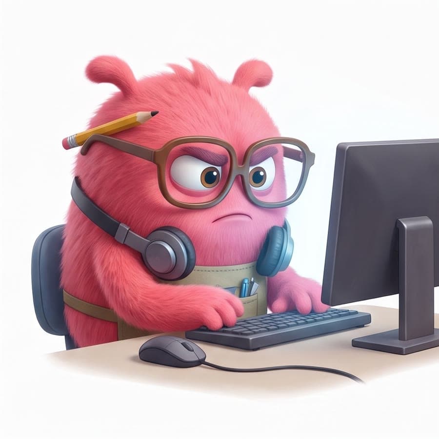 Numa, la versión rosa de la criatura, sentado frente a un monitor con el ceño fruncido, nada convencido