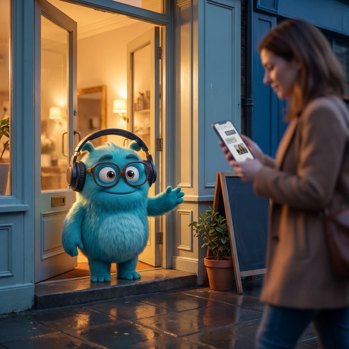 Devie at the door of a shop while a passer-by finds it on her phone.