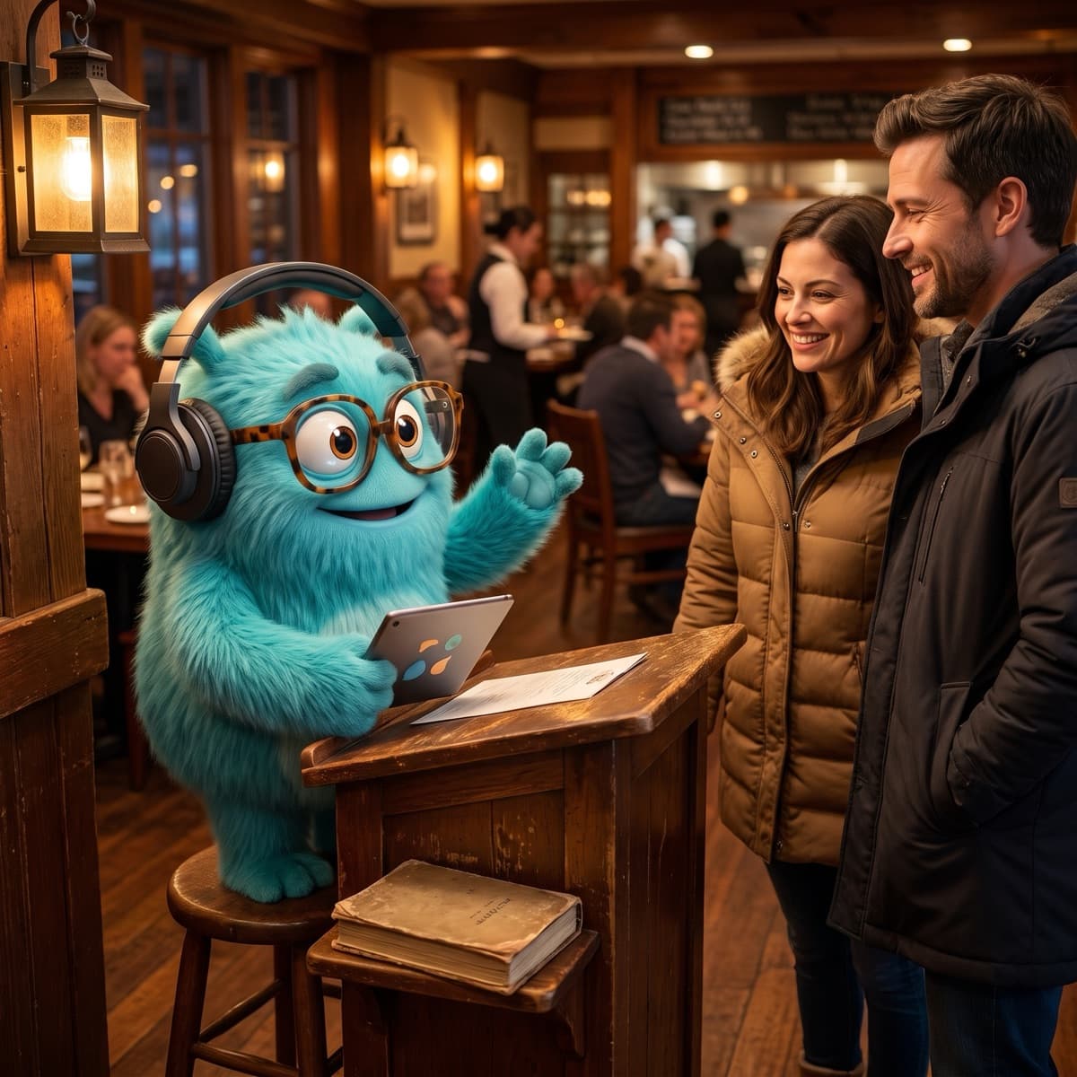 Devie at the front desk of a restaurant, with the bookings tablet, welcomes a couple.
