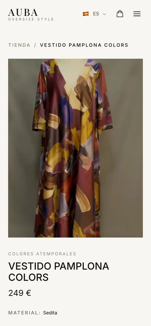 Auba's site on a phone: a dress from the catalogue with its price.